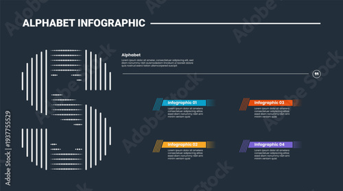 Alphabet infographic process diagram with letter S on the left side with dark background bright outline style 4 points