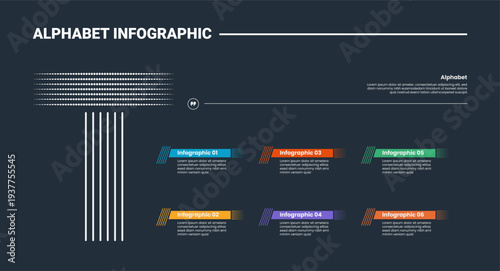 Alphabet infographic process diagram with letter T on the left side with dark background bright outline style 6 points