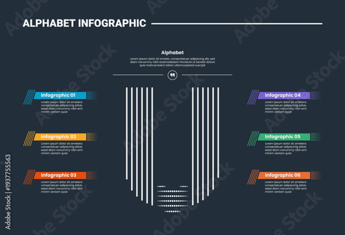 Alphabet infographic process diagram with letter U on the center base with dark background bright outline style 6 points