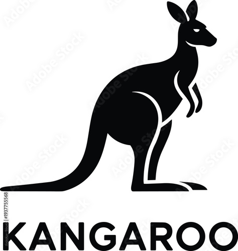 Black silhouette of a kangaroo with the word KANGARO below it on white marsupial animal