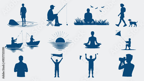 Silhouette icons of people doing various leisure activities  relaxing and having fun outdoors