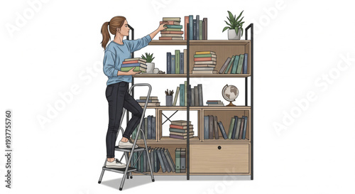Woman standing on ladder reaching for book on shelf in library from side view
