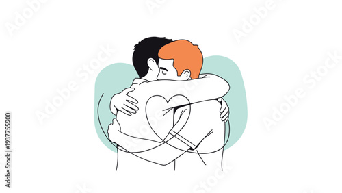 Simple line art illustration shows two men sharing a warm hug with a heart shape connecting them in the center.