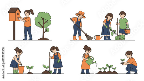 Illustrations of children engaged in various gardening activities like planting, watering, and cleaning up a garden area.