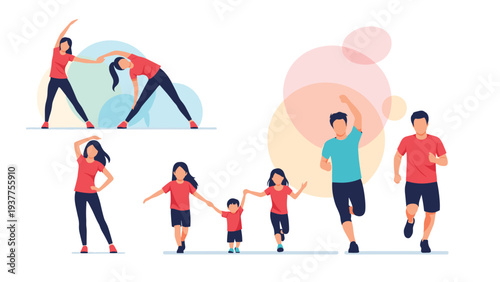 Groups of families including parents and children are shown running and stretching in a healthy outdoor lifestyle scene.