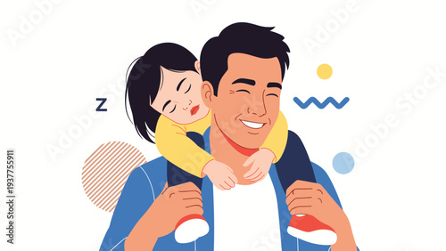 Loving father smiles happily while carrying his sleeping young daughter on his shoulders against a modern abstract background.