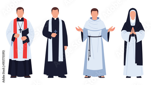 Diverse group of religious figures including a priest a monk and a nun in traditional clerical and monastic clothing.