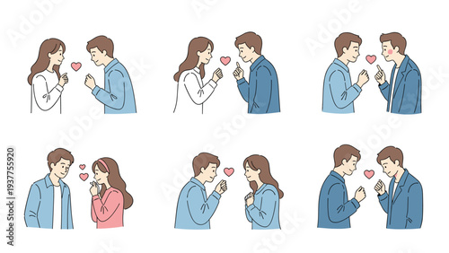 Various scenes of young couples interacting with love heart symbols representing romance dating and early relationships.
