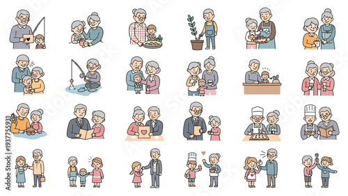 Diverse scenes depict elderly people spending quality time with children through cooking, gardening, fishing, and reading.