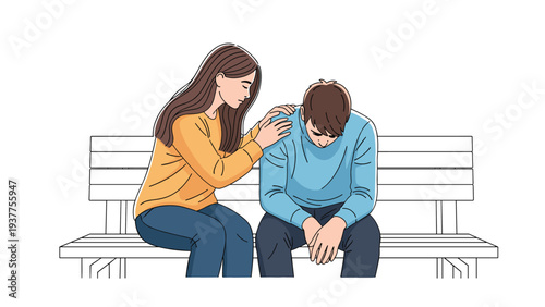 Young woman providing emotional support and comfort to a sad and depressed man sitting on a park bench together.