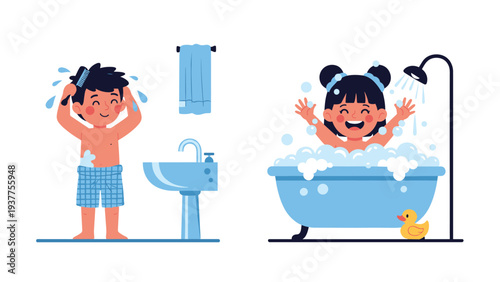 Young boy brushing his hair at a sink and a young girl playing with bubbles while taking a bath in a blue tub.