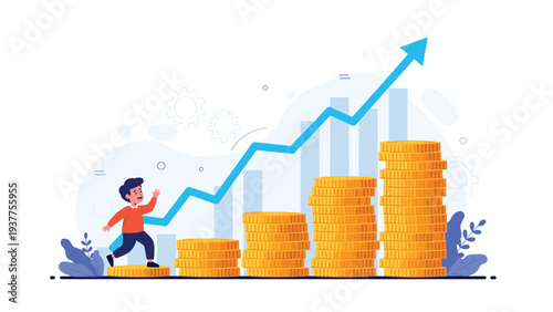 Small boy running up an ascending bar graph made of stacked gold coins with a blue arrow pointing towards financial growth.