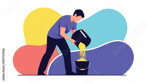 Man in a blue t shirt pouring golden grains or coins from a black bucket into another against an abstract background.