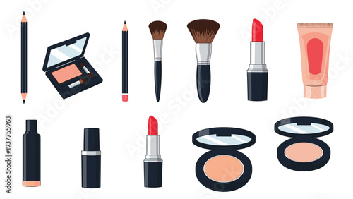 Collection of professional makeup products and tools including lipsticks brushes powders eyeliner and foundation cream.