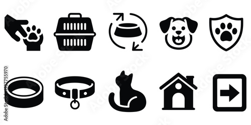 Collection of pet care and animal icons in black silhouette on white background Keywords: pet care, animal icons, dog icon, cat