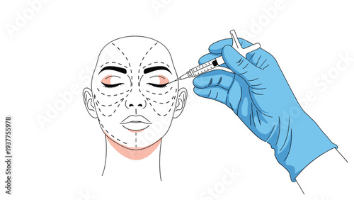 Hand in a blue medical glove performing a cosmetic facial injection with markings on the face for plastic surgery or botox.