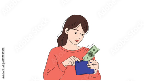 Young woman looking thoughtfully into her blue wallet while taking out a US dollar bill representing spending.