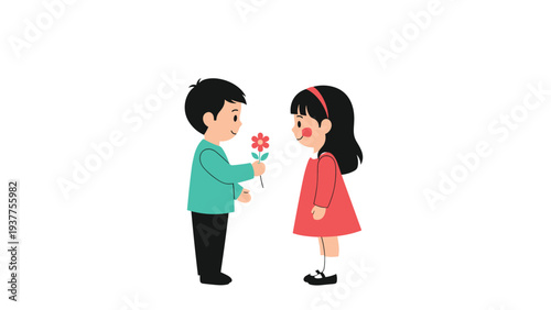 Sweet illustration of a young boy giving a red flower to a girl representing a simple act of kindness or young love.