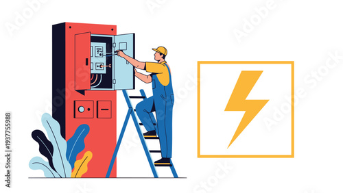 Professional electrician standing on a ladder and working on an open electrical control panel with safety equipment.