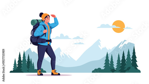 Young female hiker with a large backpack looking at the beautiful snowy mountain range with pine forests in the distance.