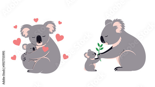 Cute illustration of mother koala hugging its baby and sharing a eucalyptus branch in a heartwarming nature scene.