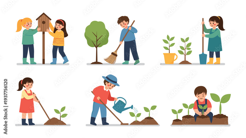 Fototapeta premium Group of kids participating in environmental gardening tasks like planting trees, watering flowers, and sweeping leaves in the backyard.