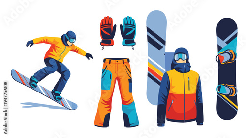 Snowboarding gear set with colorful winter clothing, boards, and an active snowboarder performing a jump, ideal for sports and recreation.