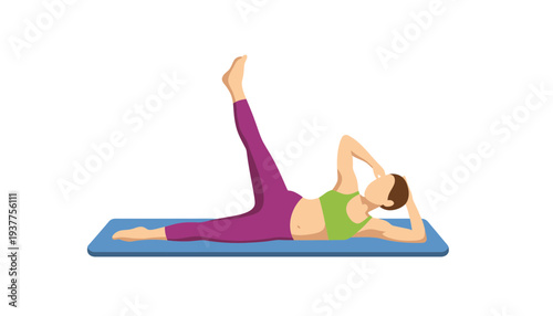 A woman doing side plank exercise on a yoga mat illustration