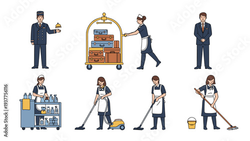Professional hotel staff characters in uniform including a bellhop, maid, and concierge performing various hospitality and service tasks.