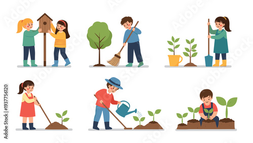 Group of kids participating in environmental gardening tasks like planting trees, watering flowers, and sweeping leaves in the backyard.