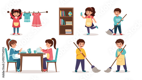 Kids performing various household chores like sweeping the floor, wiping tables, and hanging up laundry to help out with daily home tasks.