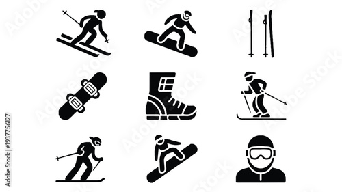 Skiing and snowboarding icons set with people skiing boots and equipment