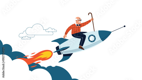 Old man with glasses riding a flying rocket ship through the clouds, symbolizing retirement goals or a fast paced and adventurous life.