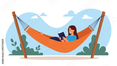 Young woman relaxing and reading a book while lying in a comfortable orange hammock outdoors on a sunny day with clouds in the sky.