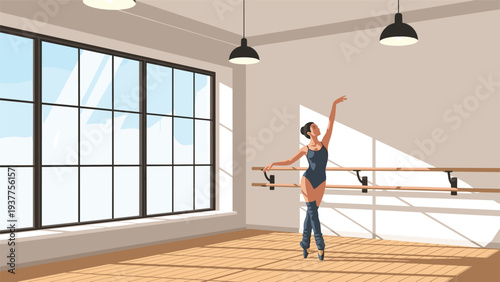 Graceful ballerina practicing her dance moves in a sunny studio with a wooden floor, large windows, and a barre for training and exercise.