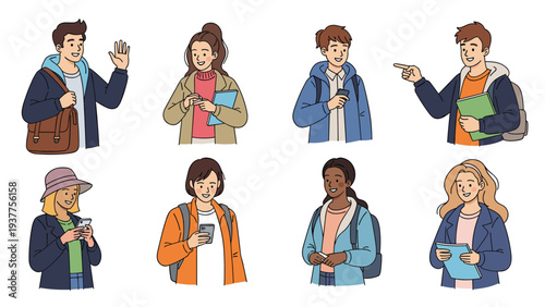 Set of diverse students and young professionals in casual outfits holding books and using mobile phones while standing in various poses.