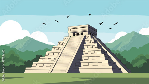 Majestic Mayan pyramid temple of Chichen Itza standing in a jungle landscape with birds flying in the sky under bright morning sunlight.