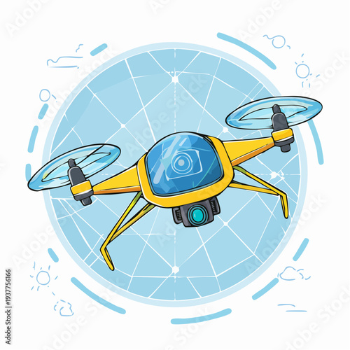 futuristic stealth drone flying in high altitude sky with navigation grid overlay, clean modern vector illustration