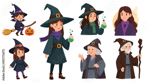 Set of cartoon witch and wizard characters in various poses including flying on a broomstick and mixing potions for Halloween themes.