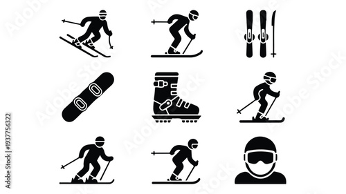 skiing icons with skiers and equipment in black silhouette on white background