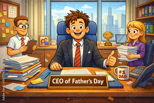 Happy father working with family in office