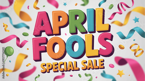 Vibrant april fools' day sale banner with colorful confetti and ribbons on gray background