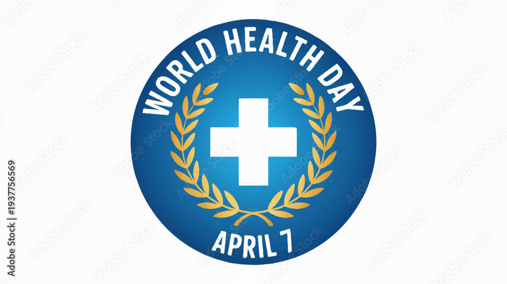 Obraz premium World health day emblem with white cross and laurel wreath on blue background april 7 symbolizing global health awareness and wellness