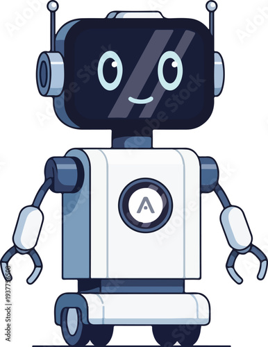Friendly cartoon robot wearing headphones and smiling