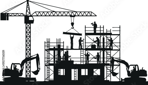 A construction site with workers and equipment in silhouette vector illustration