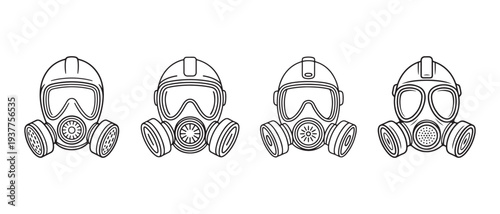 Gas Mask Line Art Icons, Protective Respirator Face Masks with Filters, Safety Equipment, Vector Illustration.