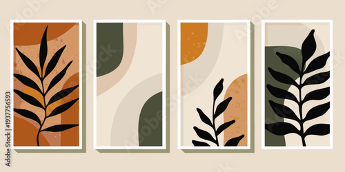 Abstract botanical wall art featuring leaves and geometric shapes in warm tones