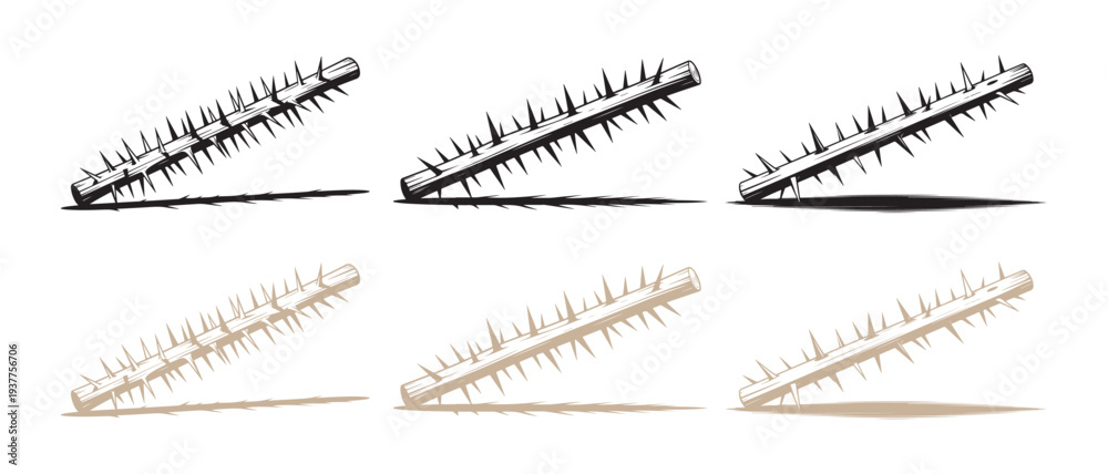 Obraz premium Collection of Spiked Caltrops. Isolated on White Background, Ancient Weaponry and Defense Concept.