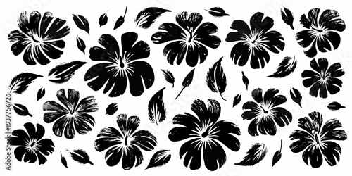 Black and white floral pattern with brushstroke style hibiscus flowers