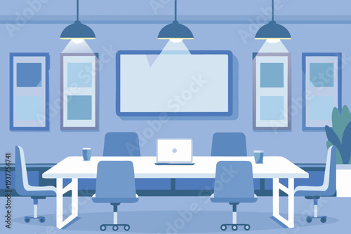 Modern conference room with a large screen and minimalist furniture